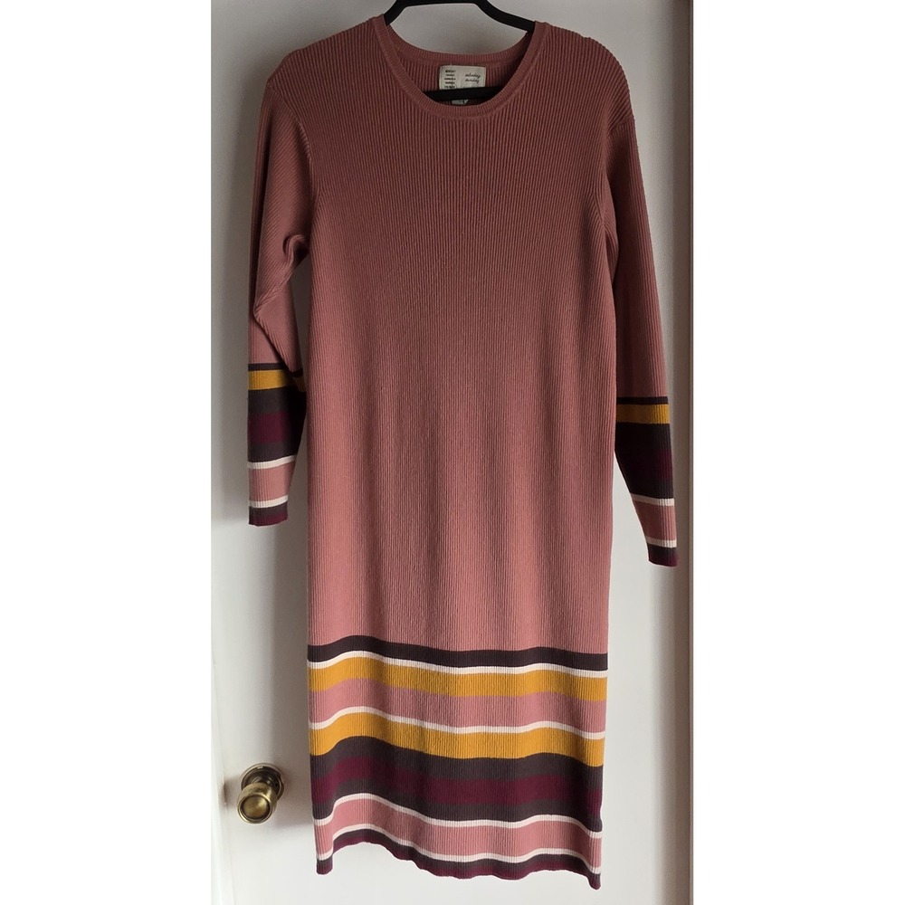 Saturday Sunday Striped Midi Dress Women M Pink Long Sleeve Round Neck